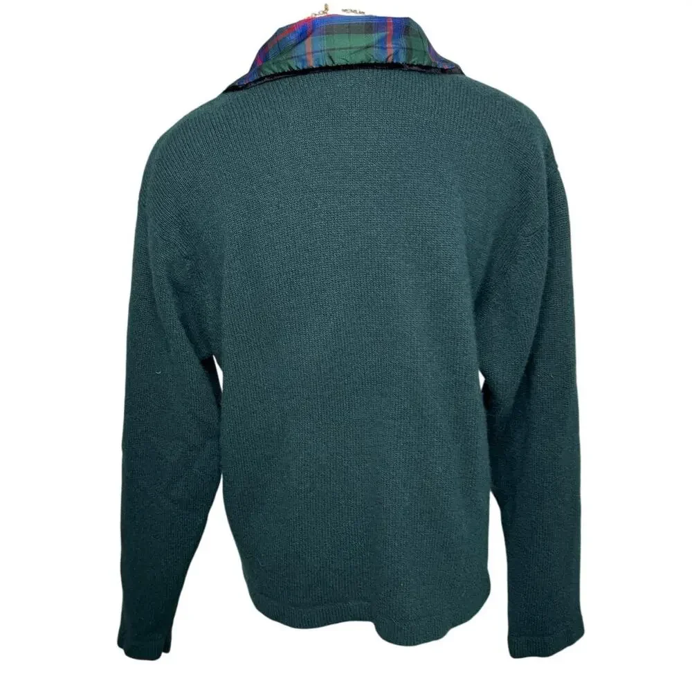 Talbots Vintage Wool Angora Plaid Velvet Collar Cardigan Sweater Green M